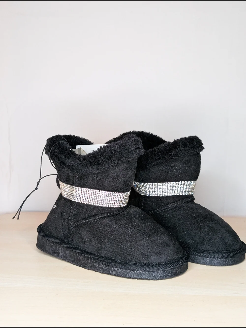 bebe Black Faux-Suede Kids Boots with Rhinestone Band
